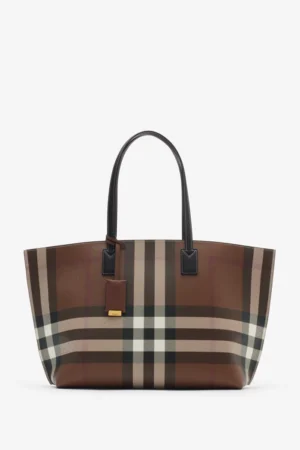 中型格紋托特包 暗樺木棕色